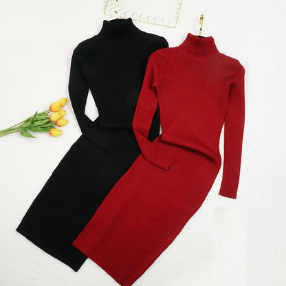 New Autumn Winter Women Knitted Dress Turtleneck Sweater Dresses Lady Slim Bodycon Long Sleeve Bottoming Dress