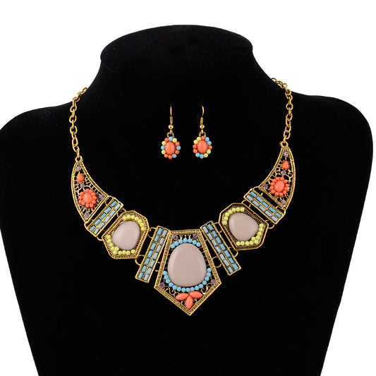 Hollow Out Geometric Color Resin Inlaid Diamond Collarbone Chain Necklace Earring Set