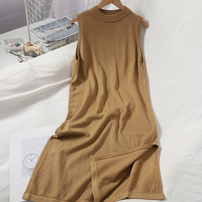 Korean Pullover O-neck Knitted Dress Casual Women Sleeveless Vest Dress Summer Solid Split Midi Knit Dress