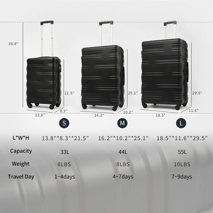 Hardshell Luggage Sets 3 Pcs Spinner Suitcase with TSA Lock Lightweight 20''24''28''   Black + ABS