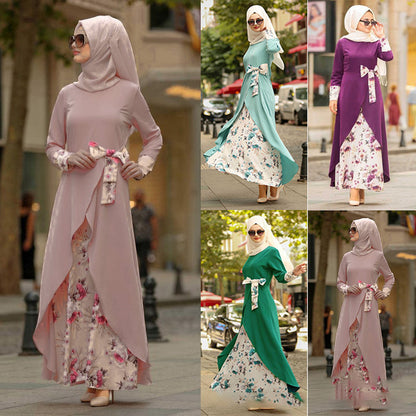 Muslim Print Fake Two Piece New Ethnic Costume Dress
