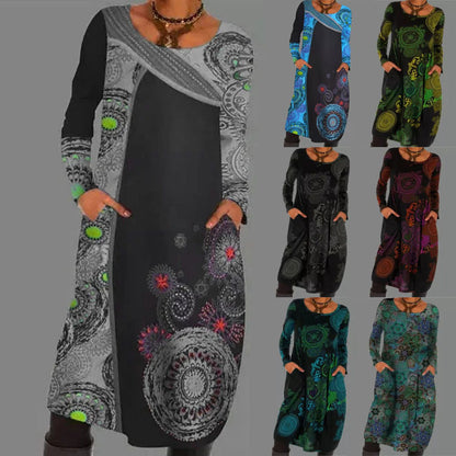 Pullover Print Ethnic Dress Long Sleeve Long Dress Skirt Ladies For Women