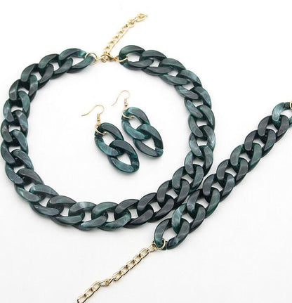 Stone Color Chain Necklace Acrylic Chain Buckle Earrings Bracelet Necklace Set
