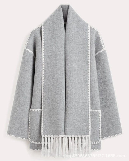 Warm Coats With Scarf Elegant Long Sleeve Pocket Single Breasted Jackets  Autumn Winter Lady Loose Streetwear