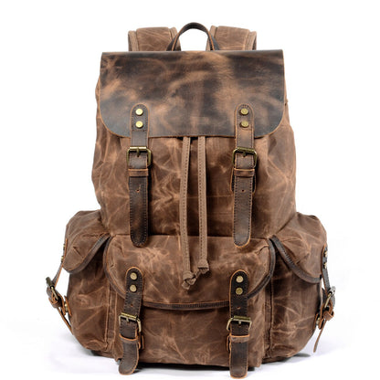 Men's Oil Wax Canvas Bag Computer Bag School Bag Student Backpack Retro Backpack Drawstring Travel Backpack Male Outdoor Male