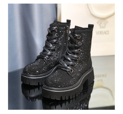 New Autumn and Winter Boots Leather Full Rhinestone Round Toe Thick Bottom Thick Heel Increased Side Zipper Lace-up Martin Boots