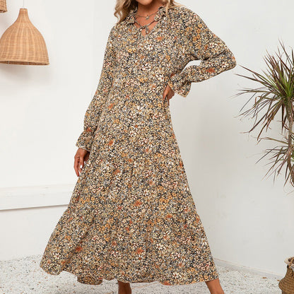 Floral V-neck Ruffle Sleeve Long Printed Long Sleeve Large Sleeve Dress Loose Midi Skirt