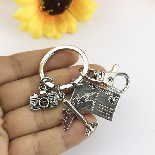 Travel Postcard Keychain, Plane Key Chain, Camera Key Chains, Wanderlust Keyring, Photography Key Clips Gift for Traveller Charm