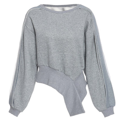 Loose Fit Big Size Irregular Hem Zipper Sweatshirt Round Neck Long Sleeve Women Fashion Spring Autumn