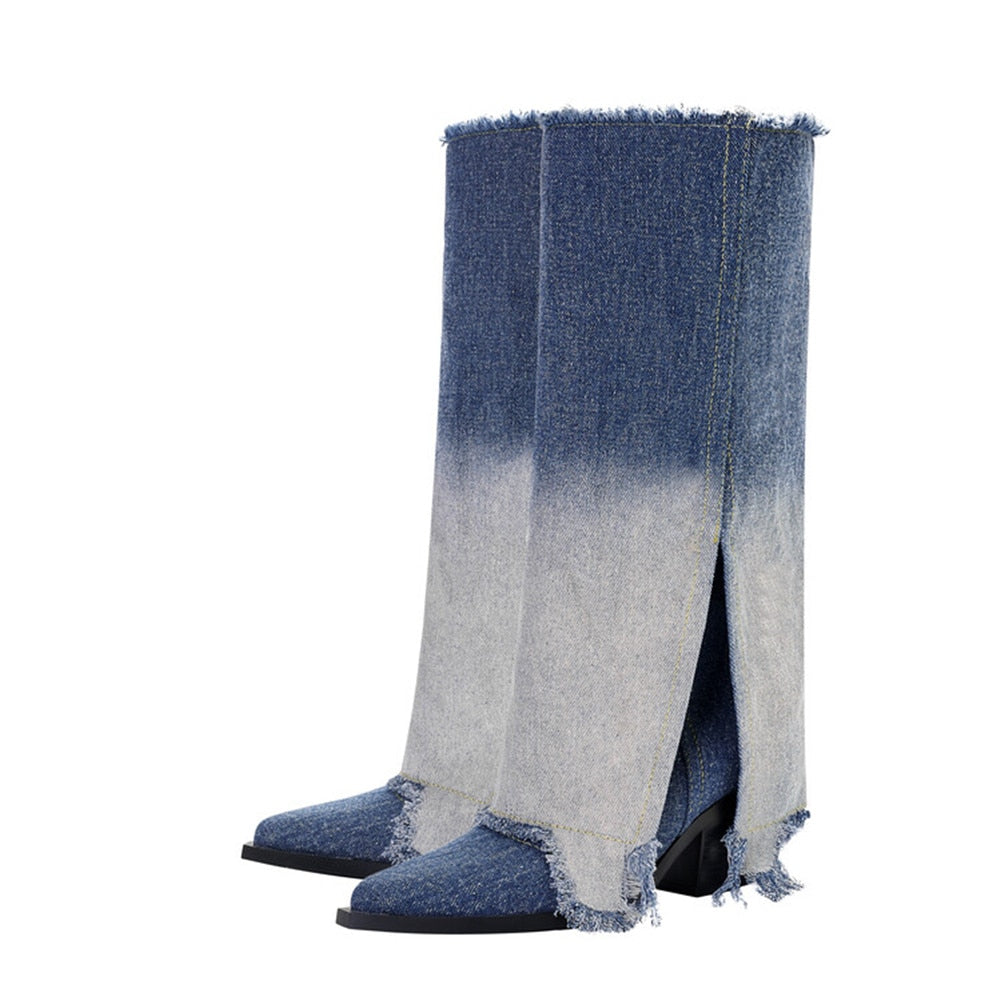 Processing Time:7-15 days after placing orders  European and American Denim Knee High Boots for Women's Four Season Thick High-heeled Color Matching Sleeve Skirt Boots
