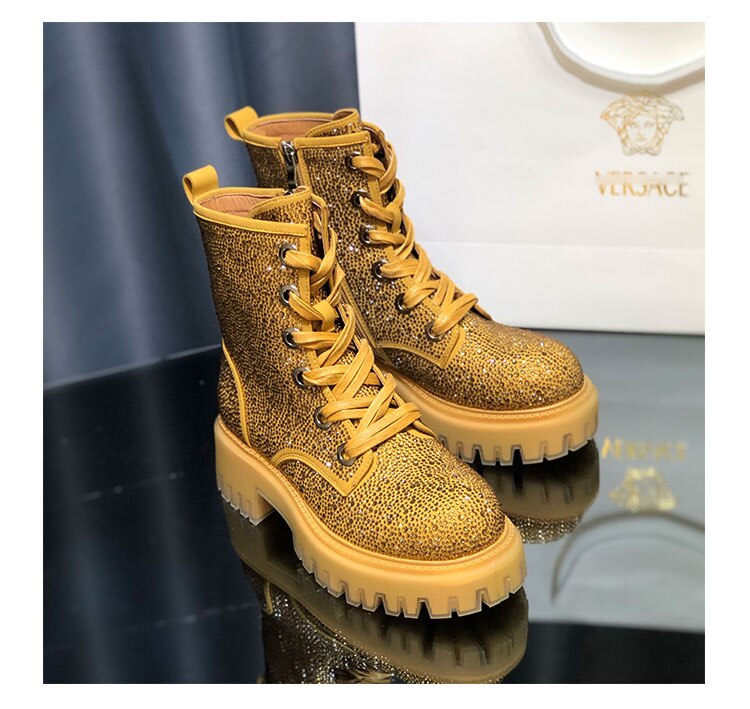 New Autumn and Winter Boots Leather Full Rhinestone Round Toe Thick Bottom Thick Heel Increased Side Zipper Lace-up Martin Boots