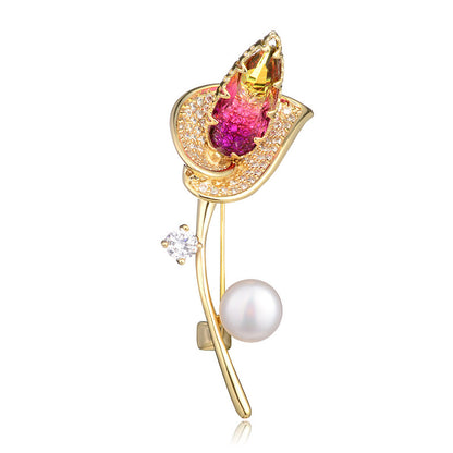 Temperament Fashion Tourmaline Brooch Light Luxury Exquisite Pearl Zircon Flower Corsage Dress Pin