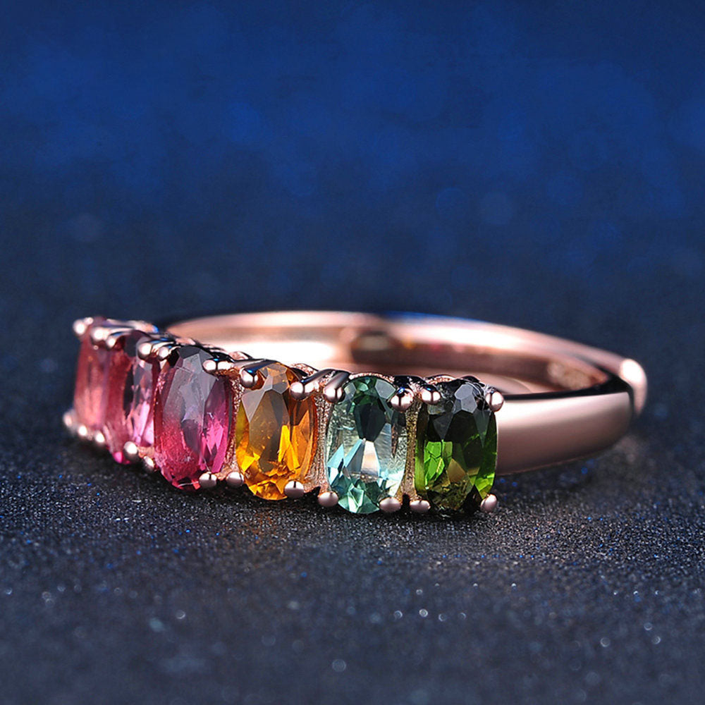 925 Sterling Silver Jewelry Natural Tourmaline Color Classic Row Ring Gem Jewelry