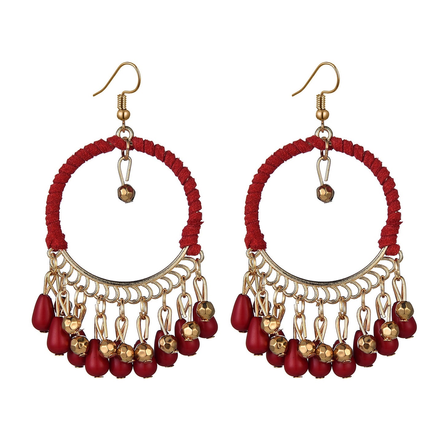 European and American ethnic style handmade woven earrings Bohemian retro round water drop tassel earrings