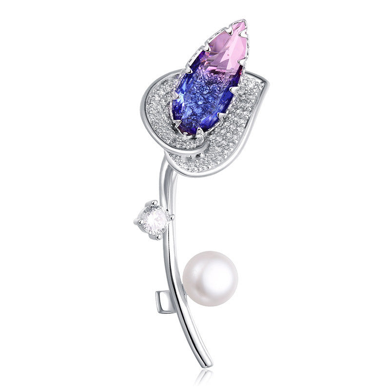 Temperament Fashion Tourmaline Brooch Light Luxury Exquisite Pearl Zircon Flower Corsage Dress Pin