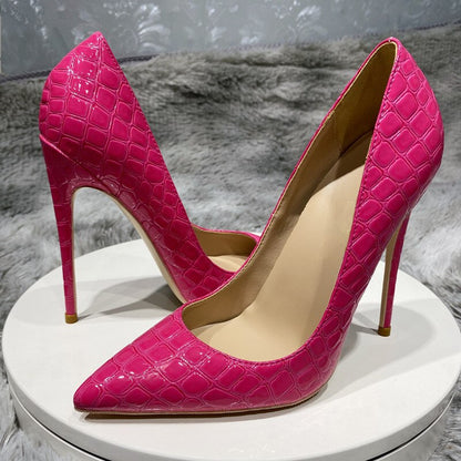 Tikicup Rose Pink Women Crocodile Effect Stiletto Pumps Pointed Toe Slip On 8/10/12cm High Heels Ladies Party Dress Shoes