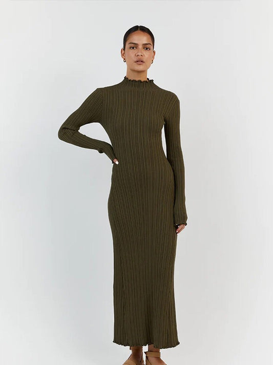 Female Elegant Solid Half High Collar Knitted Dress Women Fashion Long Sleeve Casual Dresses Spring Lady High Street Vestidos