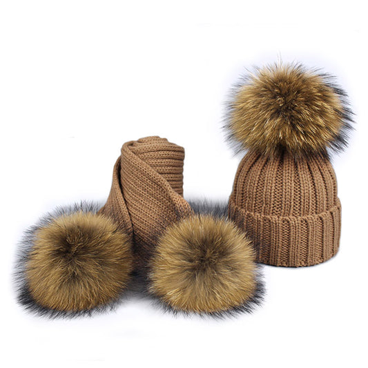 Knitted Fur Pompom Hat and Scarf Set for Children