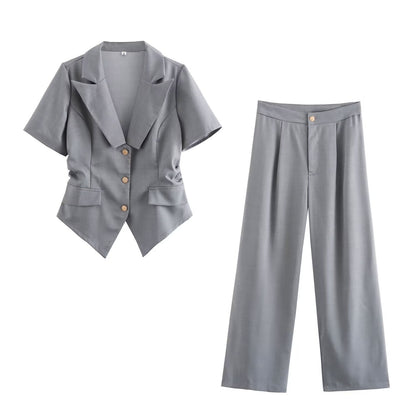 European and American summer new fashionable temperament lapel short sleeved small suit top+suit pants set