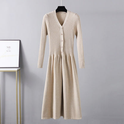 Winter Long Knit V Neck Women A Line Sweater Dress Single Breasted Pleated Dresses Christmas Party Holidays Dresses