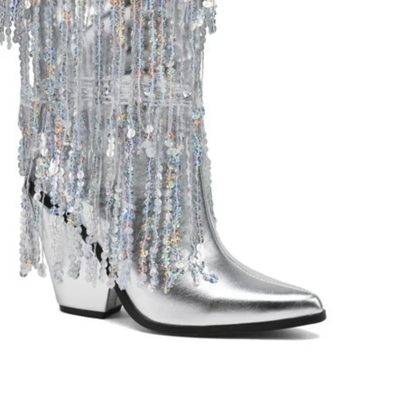 Silver Sequin Chelsea Boots Pointed 10cm/7cm Slope Heel Tassel Boots Internet Celebrity Estate Holiday Autumn Boots