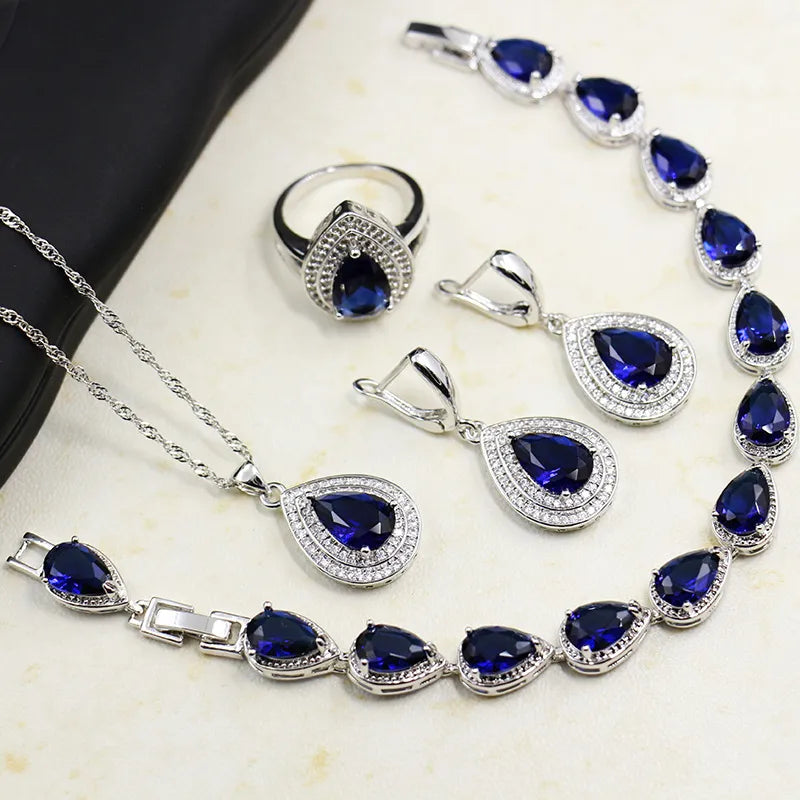 Water Drop Shaped Sapphire Silver 925 Jewelry Sets for Women Blue Gemstones Ring Earrings Necklace Bracelet Wedding