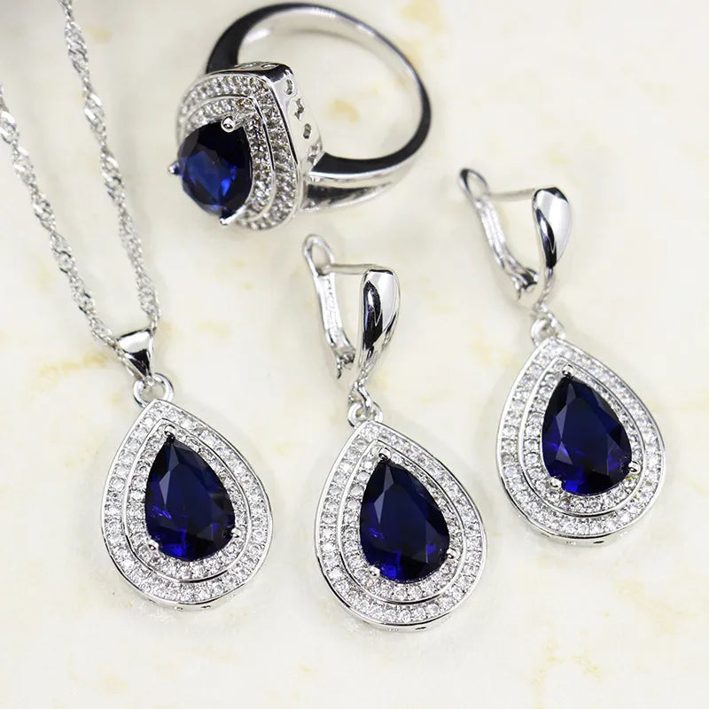 Water Drop Shaped Sapphire Silver 925 Jewelry Sets for Women Blue Gemstones Ring Earrings Necklace Bracelet Wedding